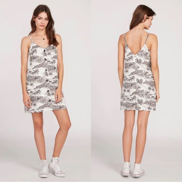 Volcom Gray & White Tropical Palm Tree Vacay Me Sleeveless Mini Dress XL NEW - Picture 1 of 13